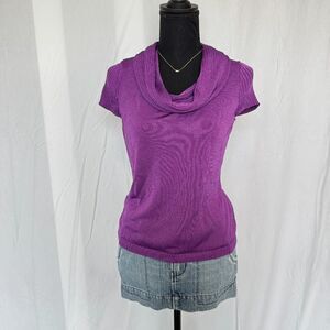 Vintage Jones New York Blouse \ Y2K 2000s Purple Short-Sleeve Cowl Neck Sweater